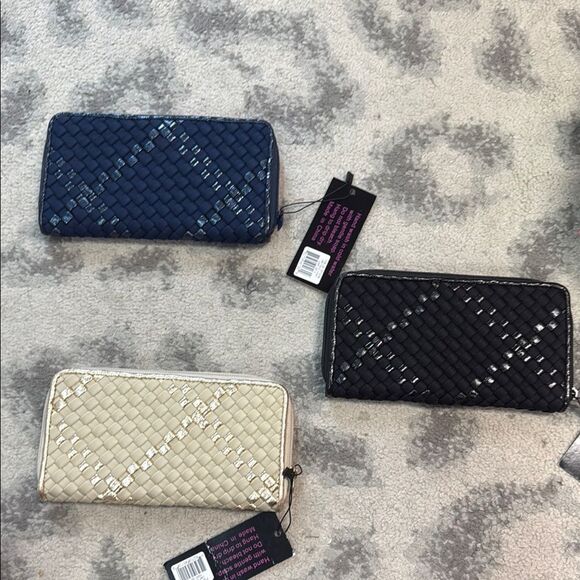 Elegant Woven Wallet - Black, Blue, Cream - Card Slots - BRAND NEW Woven Zip Up - Picture 1 of 6